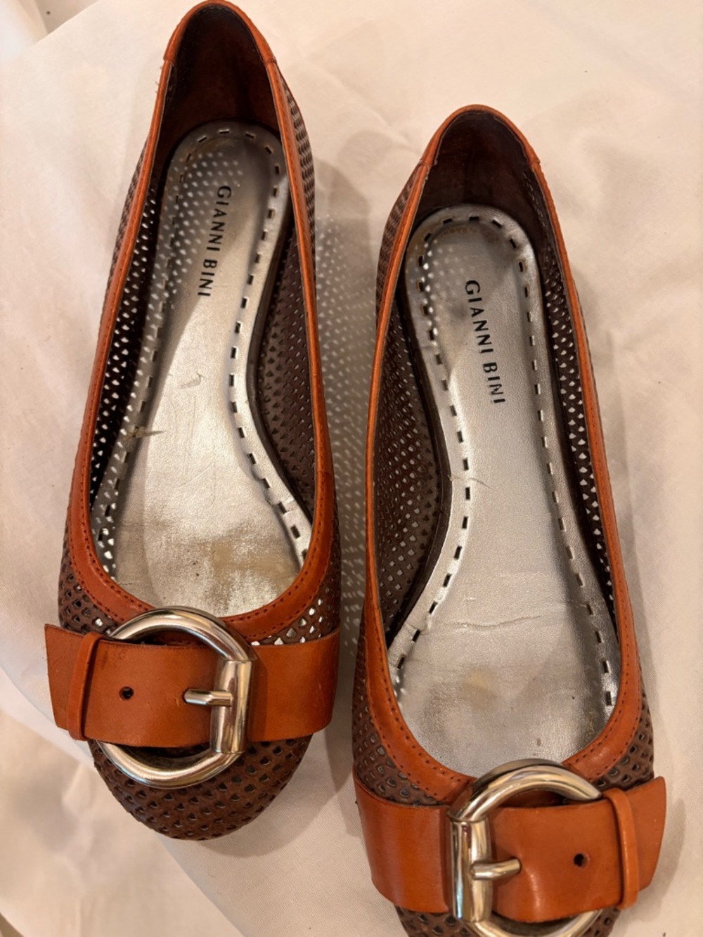Gianni Bini Tan and Brown Perforated Leather Buckle Flats